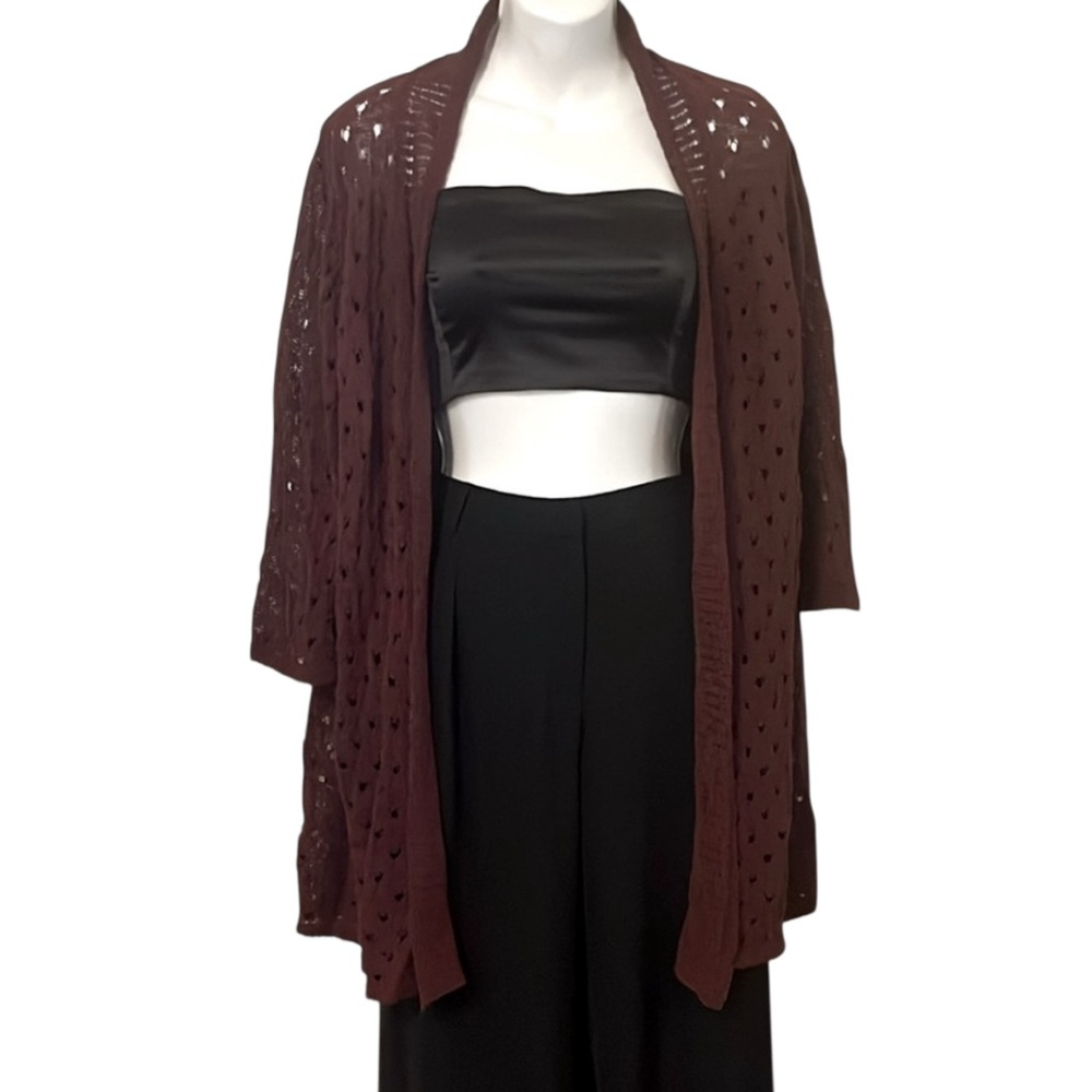 Coldwater Creek Womens Linen Blend 
Merlot Knit Crochet Cardigan Sweater Coverup
